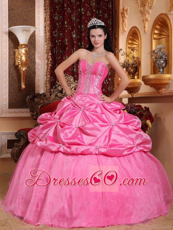 Rose Pink Ball Gown Long Taffeta Beading Quinceanera Dress