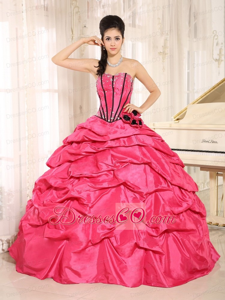 Hot Pink Beaded and Hand Made Flowers Quinceanera Dress With Pick-ups For Custom Made