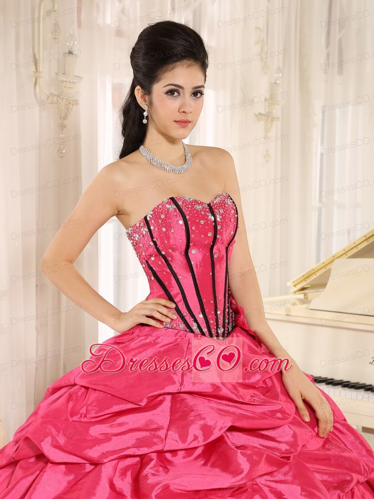 Hot Pink Beaded and Hand Made Flowers Quinceanera Dress With Pick-ups For Custom Made