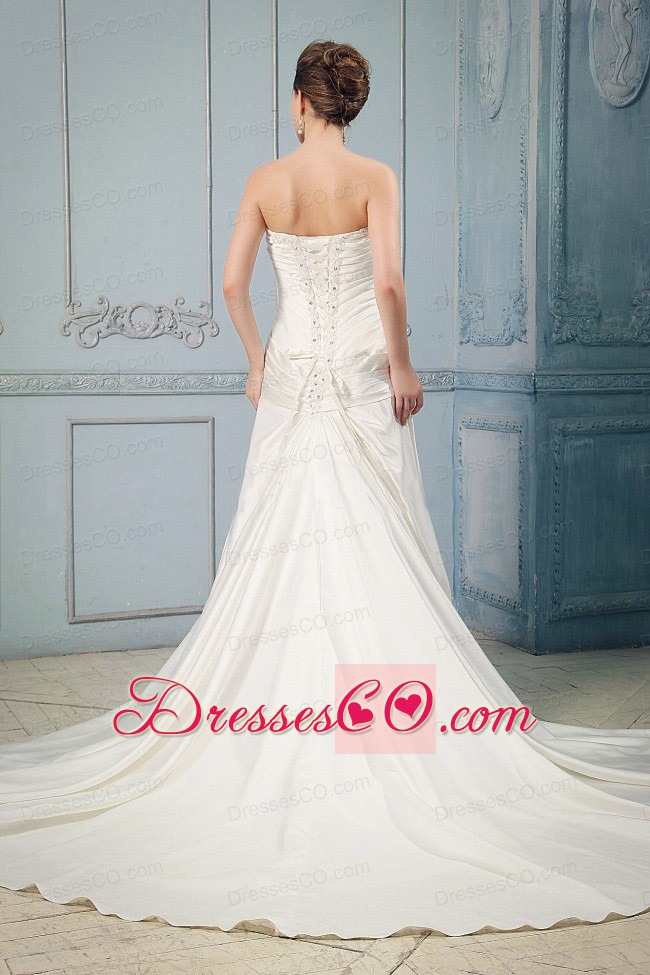 Elegant Wedding Dress With A-line Appliques and Beading Ruching Bow Chapel Train