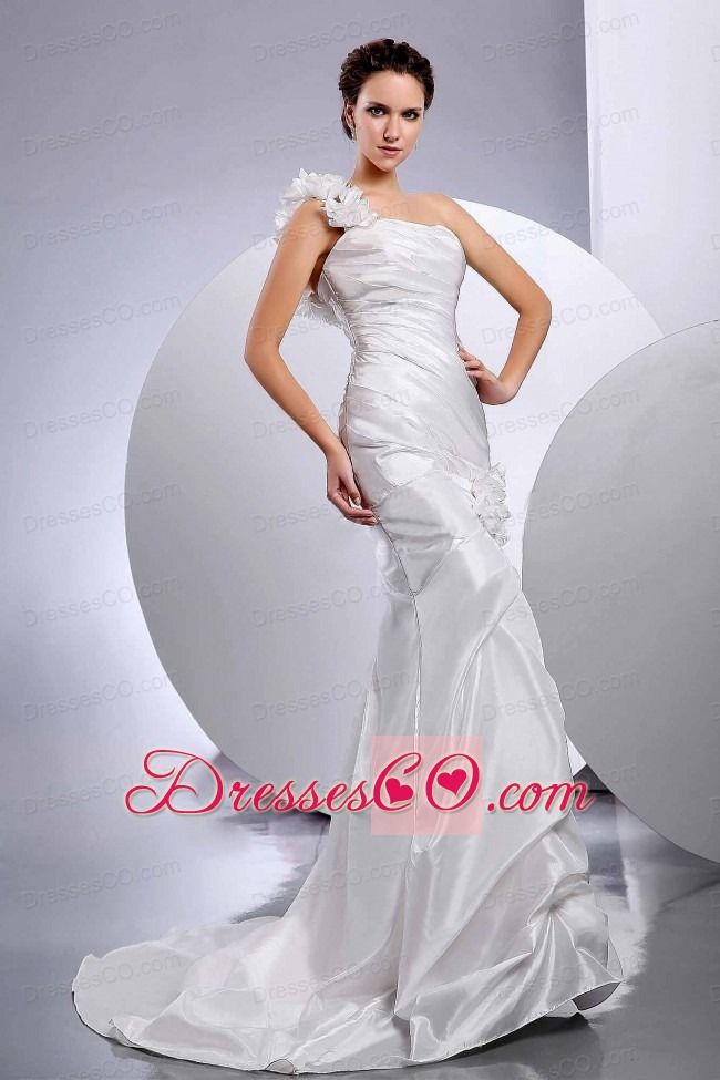 Mermaid / Trumpet One Shoulder Hand Made Flower Wedding Dress Custom Made