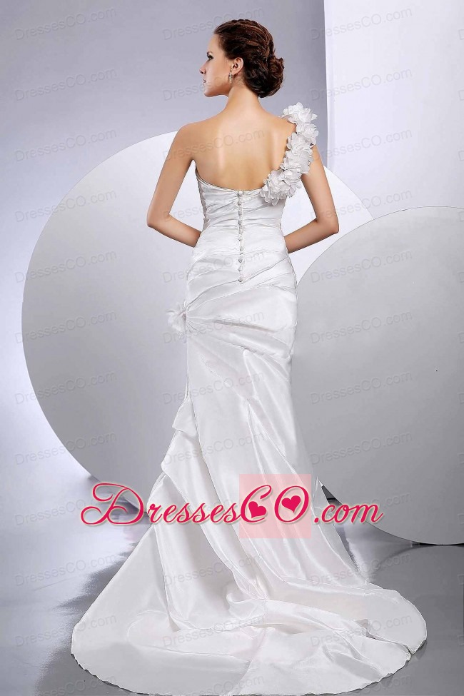 Mermaid / Trumpet One Shoulder Hand Made Flower Wedding Dress Custom Made