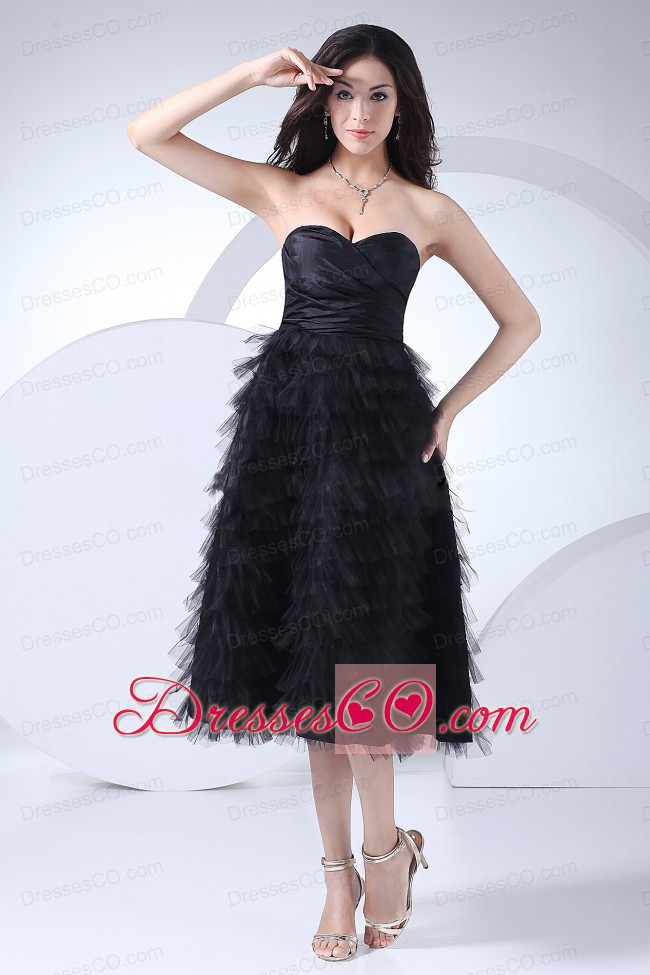 Ruffled Layers Neckline Tea-length Black Taffeta And Tulle Prom Dress