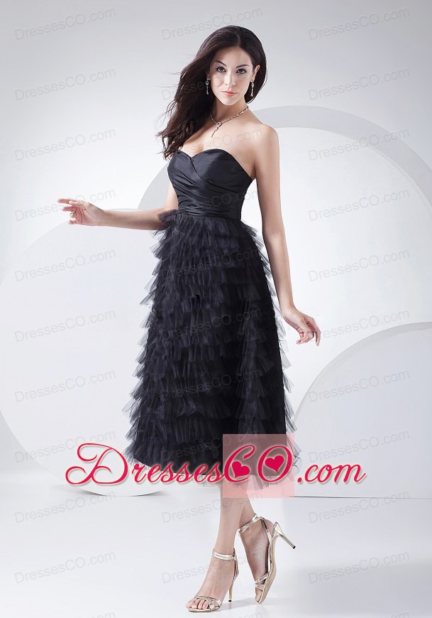 Ruffled Layers Neckline Tea-length Black Taffeta And Tulle Prom Dress