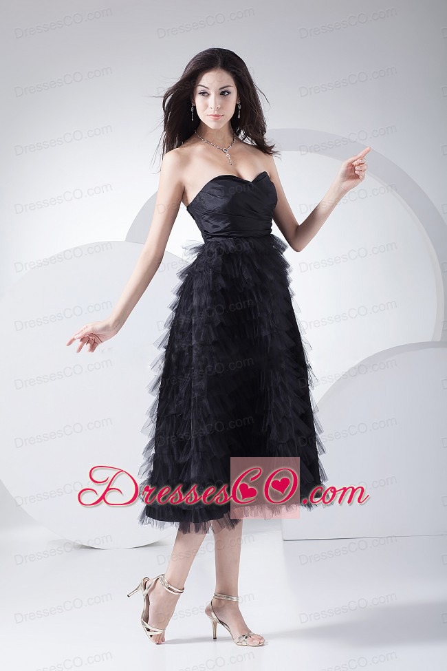 Ruffled Layers Neckline Tea-length Black Taffeta And Tulle Prom Dress