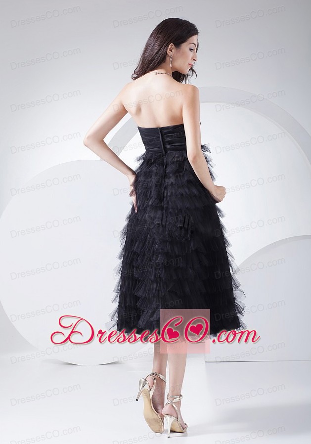 Ruffled Layers Neckline Tea-length Black Taffeta And Tulle Prom Dress