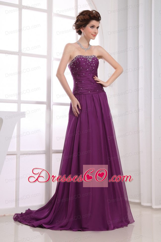 Purple Beaded Decorate Prom Celebrity Dress Empire Strapless Brush Train In 2013
