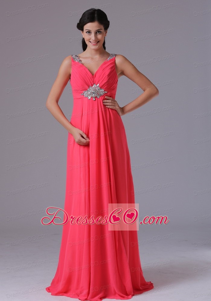 Coral Red V-neck Beading And Ruched Prom Dress With Long