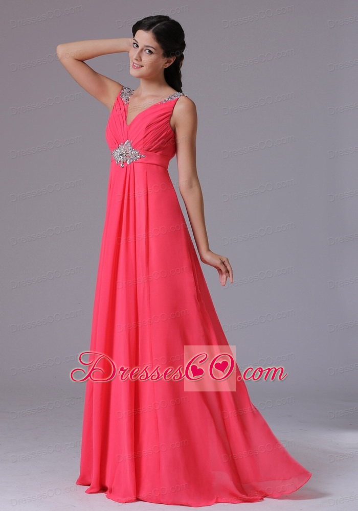 Coral Red V-neck Beading And Ruched Prom Dress With Long