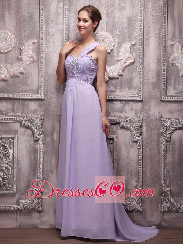 Lilac Empire One Shoulder Brush Train Chiffon Beading Prom / Evening Dress