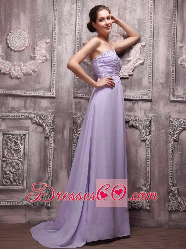 Lilac Empire One Shoulder Brush Train Chiffon Beading Prom / Evening Dress