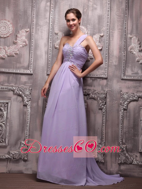 Lilac Empire One Shoulder Brush Train Chiffon Beading Prom / Evening Dress