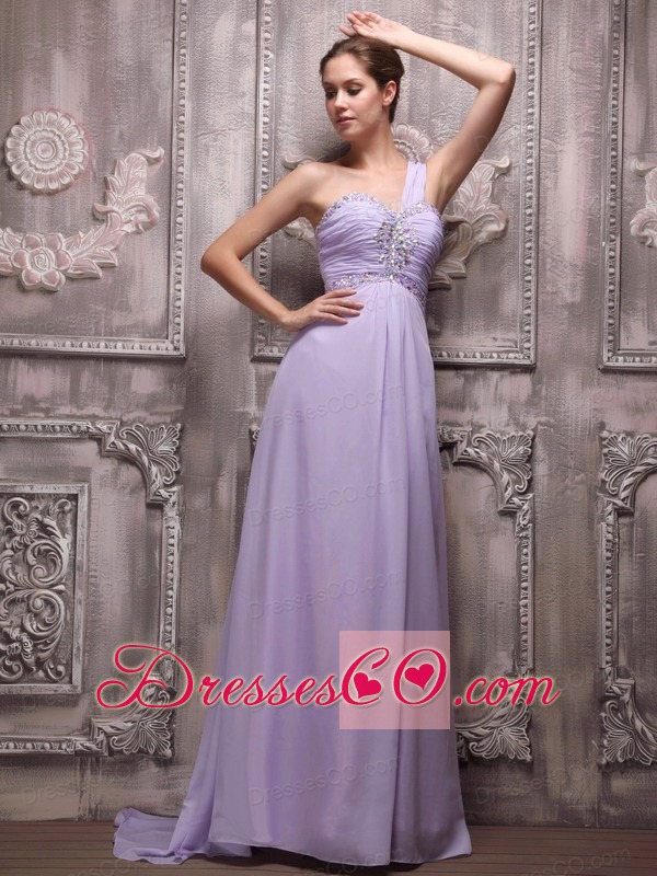 Lilac Empire One Shoulder Brush Train Chiffon Beading Prom / Evening Dress