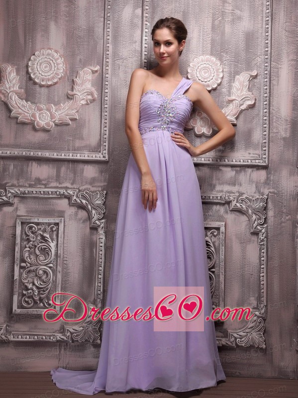 Lilac Empire One Shoulder Brush Train Chiffon Beading Prom / Evening Dress