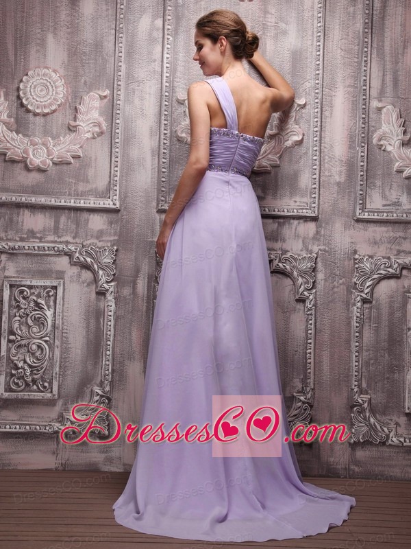 Lilac Empire One Shoulder Brush Train Chiffon Beading Prom / Evening Dress