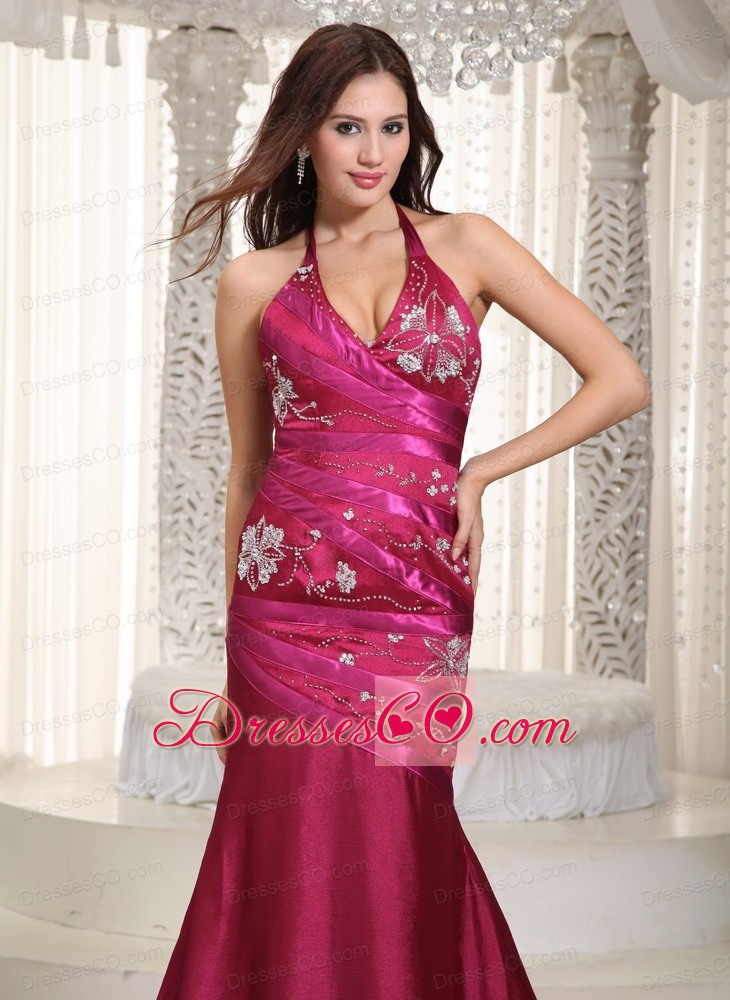 Fuchsia A-line Halter Chapel Train Taffeta Embroidery Prom Dress