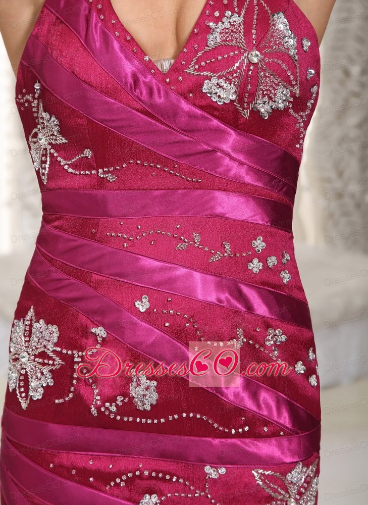 Fuchsia A-line Halter Chapel Train Taffeta Embroidery Prom Dress