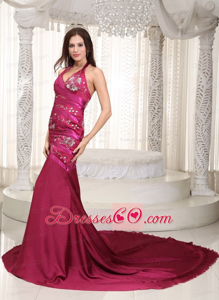 Fuchsia A-line Halter Chapel Train Taffeta Embroidery Prom Dress