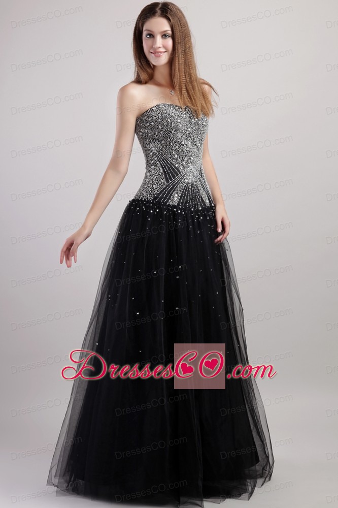 Black Column Strapless Long Net Beading Prom / Celebrity Dress