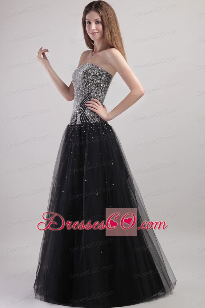 Black Column Strapless Long Net Beading Prom / Celebrity Dress