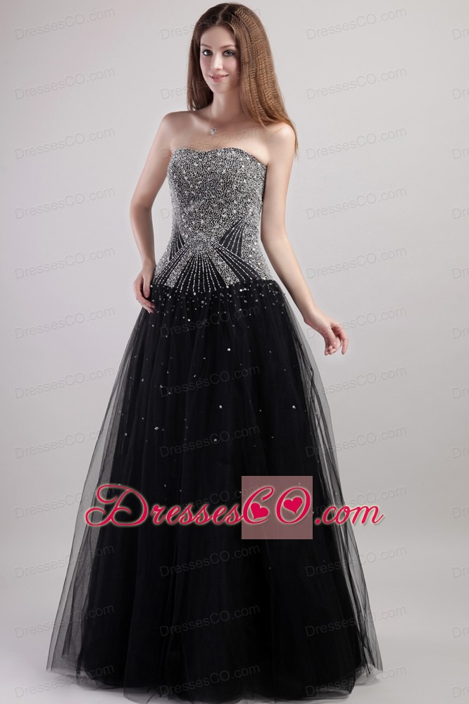 Black Column Strapless Long Net Beading Prom / Celebrity Dress