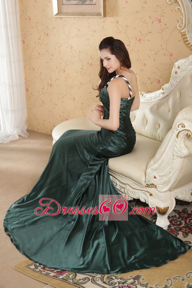 Dark Green Column One Shoulder Court Train Elastic Woven Satin Ruching Prom Dress