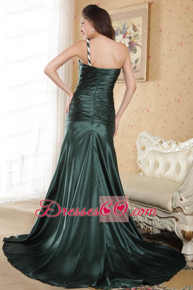 Dark Green Column One Shoulder Court Train Elastic Woven Satin Ruching Prom Dress