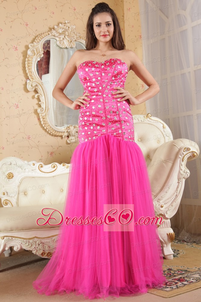 Hot Pink Mermaid Strapless Brush Train Prom Dress Organza and Taffeta Beading