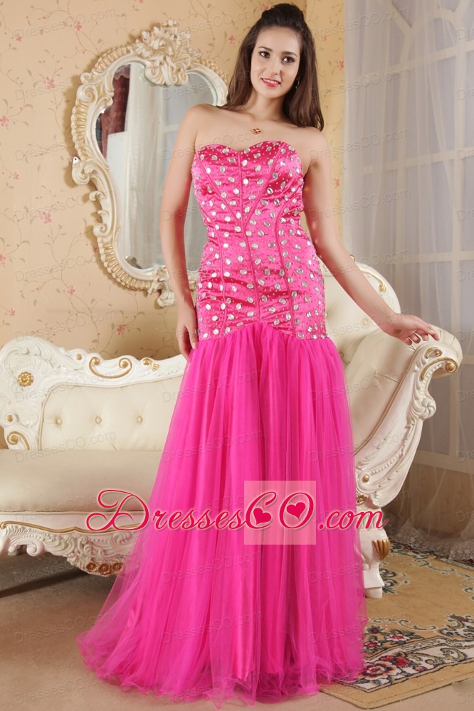 Hot Pink Mermaid Strapless Brush Train Prom Dress Organza and Taffeta Beading