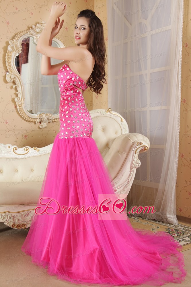 Hot Pink Mermaid Strapless Brush Train Prom Dress Organza and Taffeta Beading