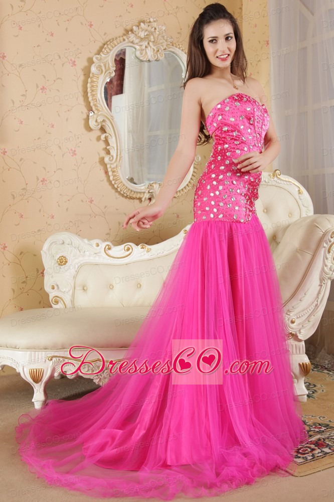 Hot Pink Mermaid Strapless Brush Train Prom Dress Organza and Taffeta Beading