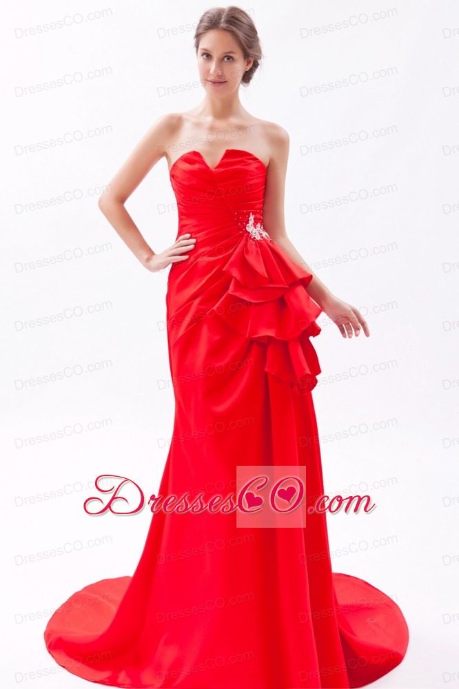 Red A-line / Princess Strapless Brush Train Satin Beading Prom Dress