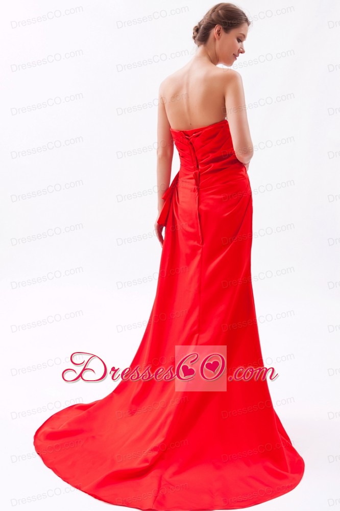 Red A-line / Princess Strapless Brush Train Satin Beading Prom Dress