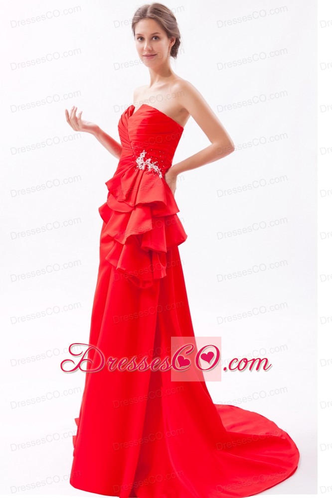 Red A-line / Princess Strapless Brush Train Satin Beading Prom Dress