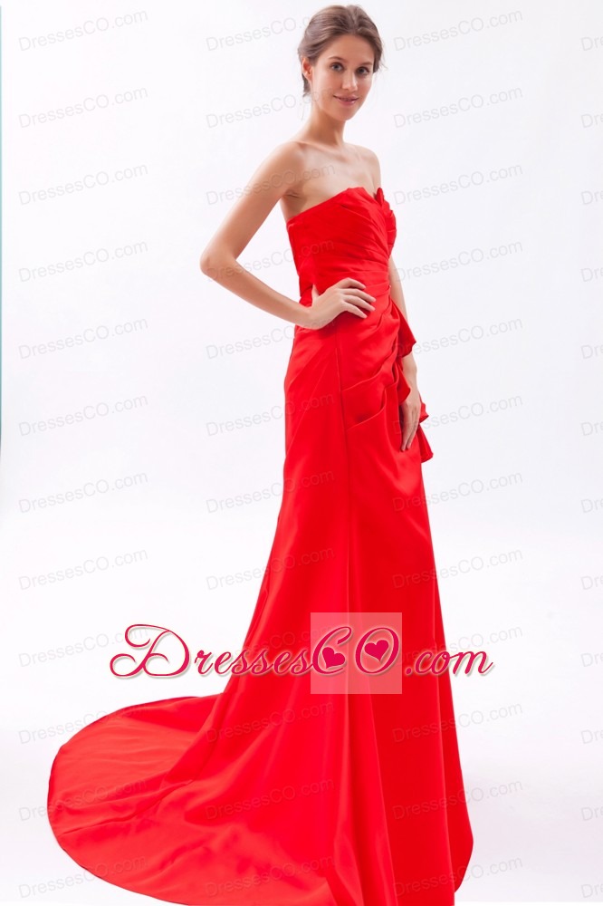 Red A-line / Princess Strapless Brush Train Satin Beading Prom Dress