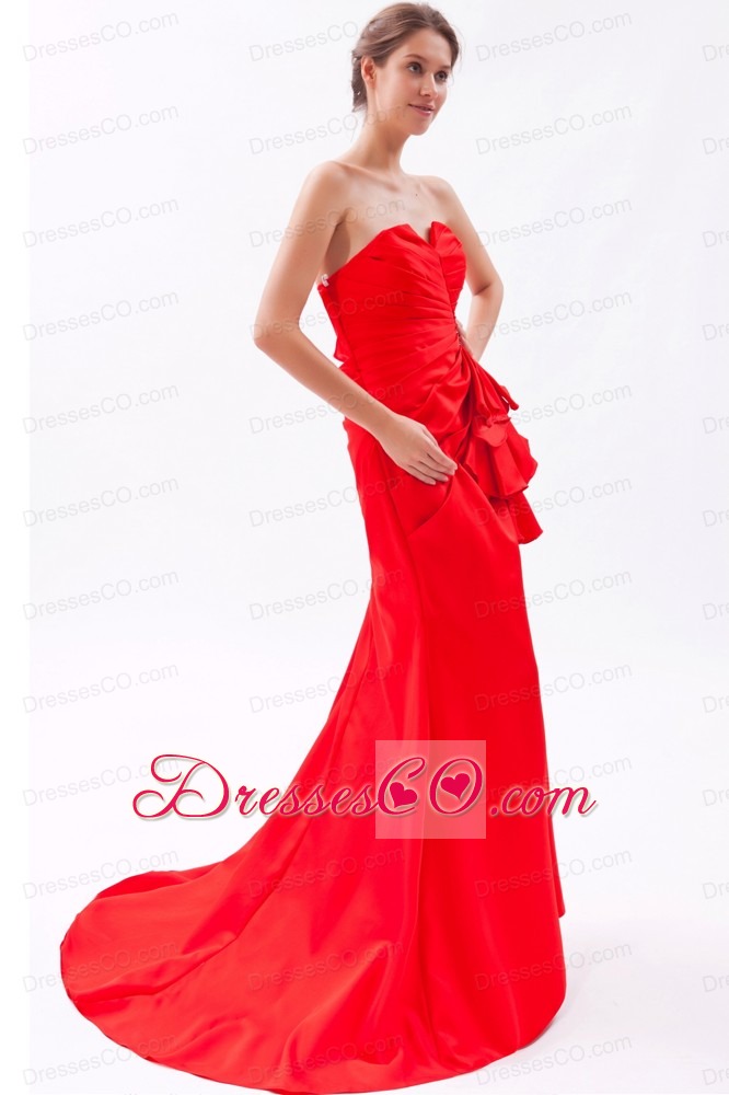 Red A-line / Princess Strapless Brush Train Satin Beading Prom Dress