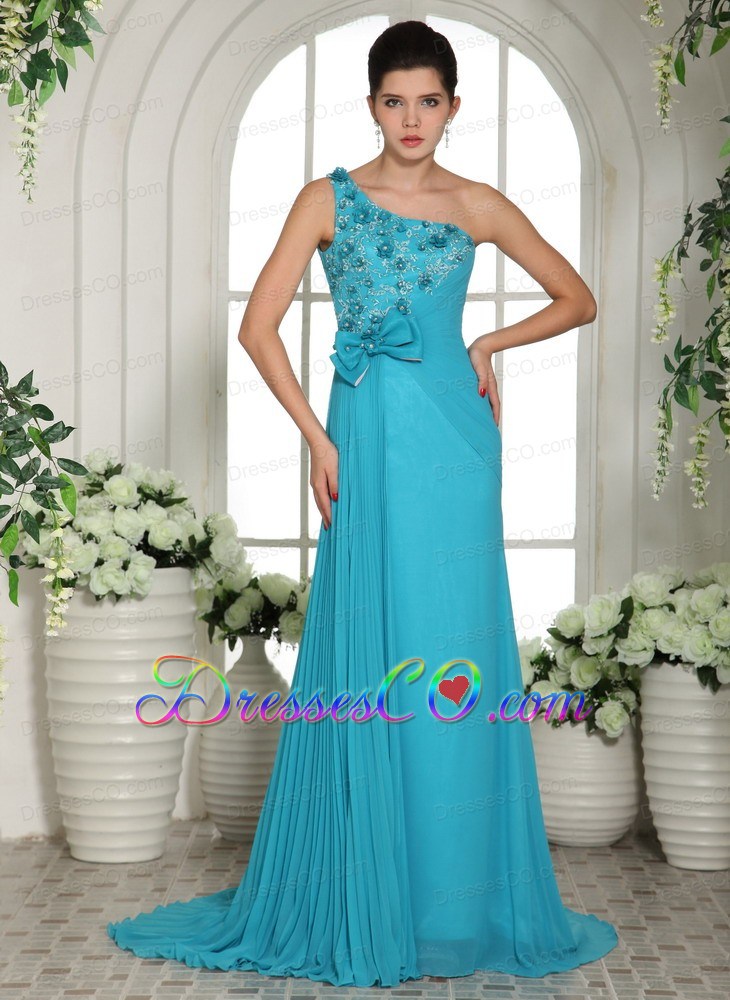 Baby Blue Hand Made Flowers One Shoulder Prom Gowns With Brush Train