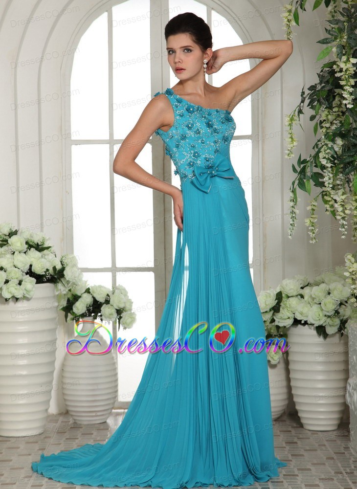 Baby Blue Hand Made Flowers One Shoulder Prom Gowns With Brush Train