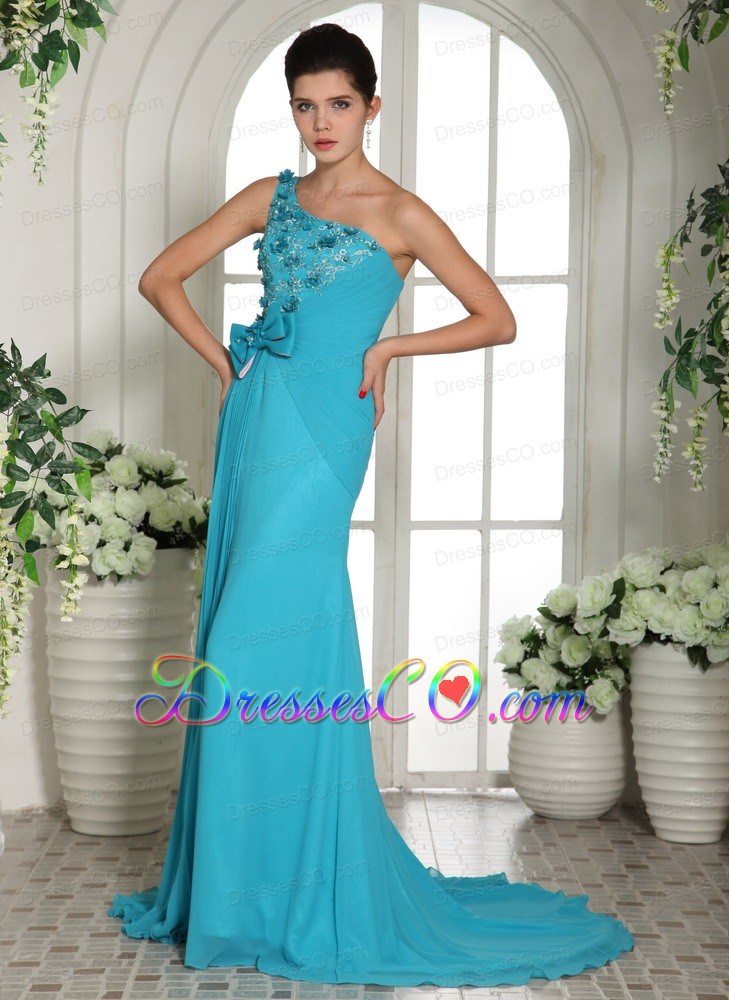 Baby Blue Hand Made Flowers One Shoulder Prom Gowns With Brush Train