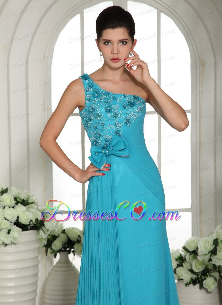 Baby Blue Hand Made Flowers One Shoulder Prom Gowns With Brush Train