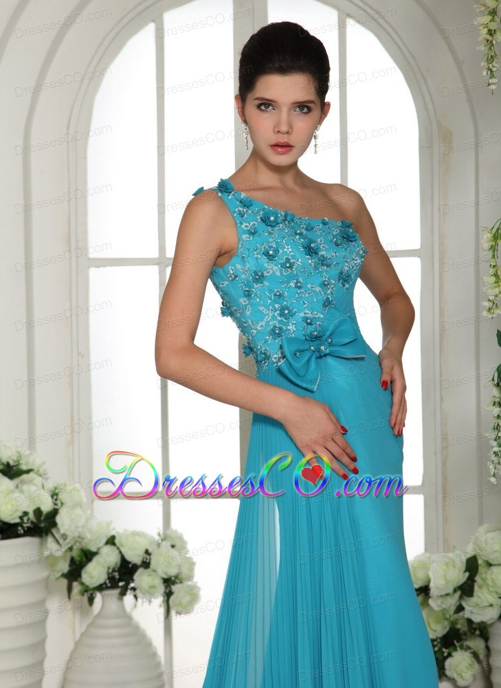 Baby Blue Hand Made Flowers One Shoulder Prom Gowns With Brush Train