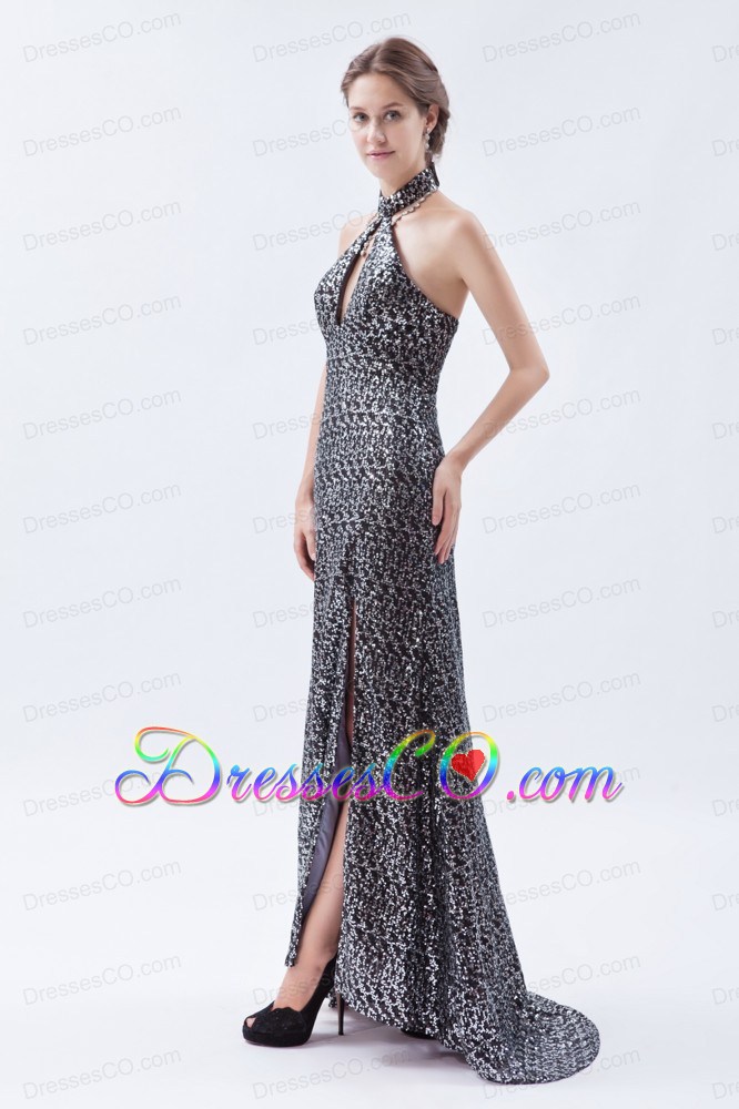 Silver Column / Sheath High-neck Prom Dress Sequin Brush Train