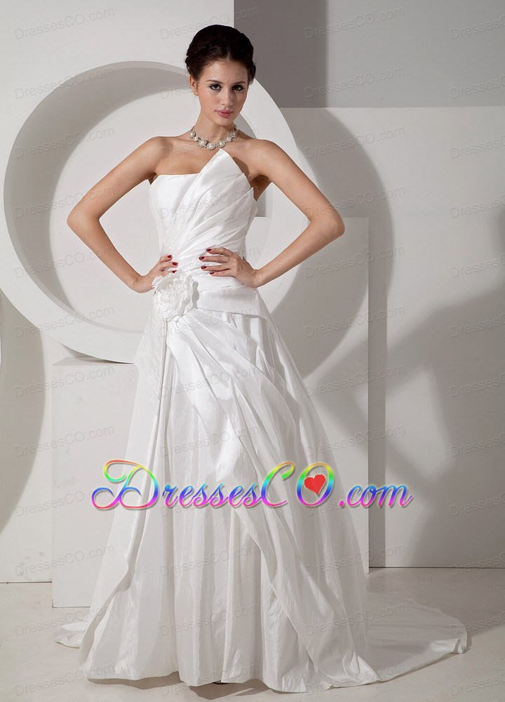 Modest A-line Strapless Court Train Satin Hand Made Flower Wedding Dress