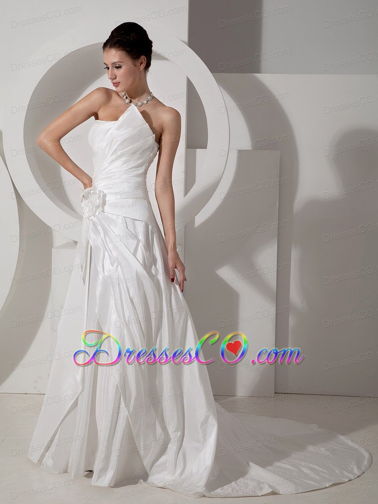 Modest A-line Strapless Court Train Satin Hand Made Flower Wedding Dress