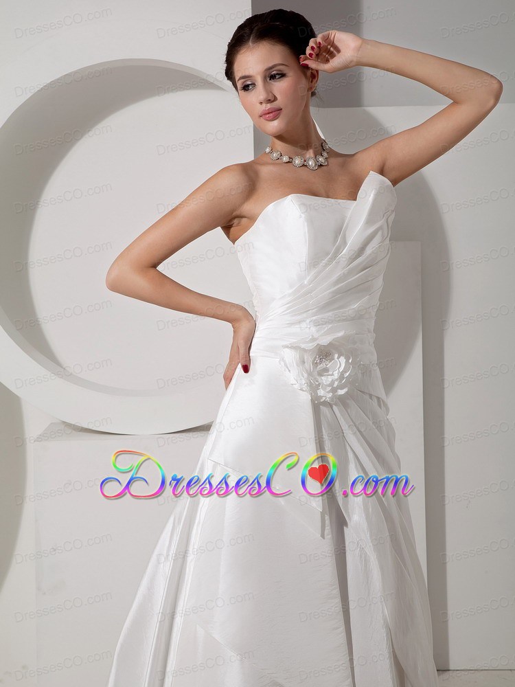 Modest A-line Strapless Court Train Satin Hand Made Flower Wedding Dress