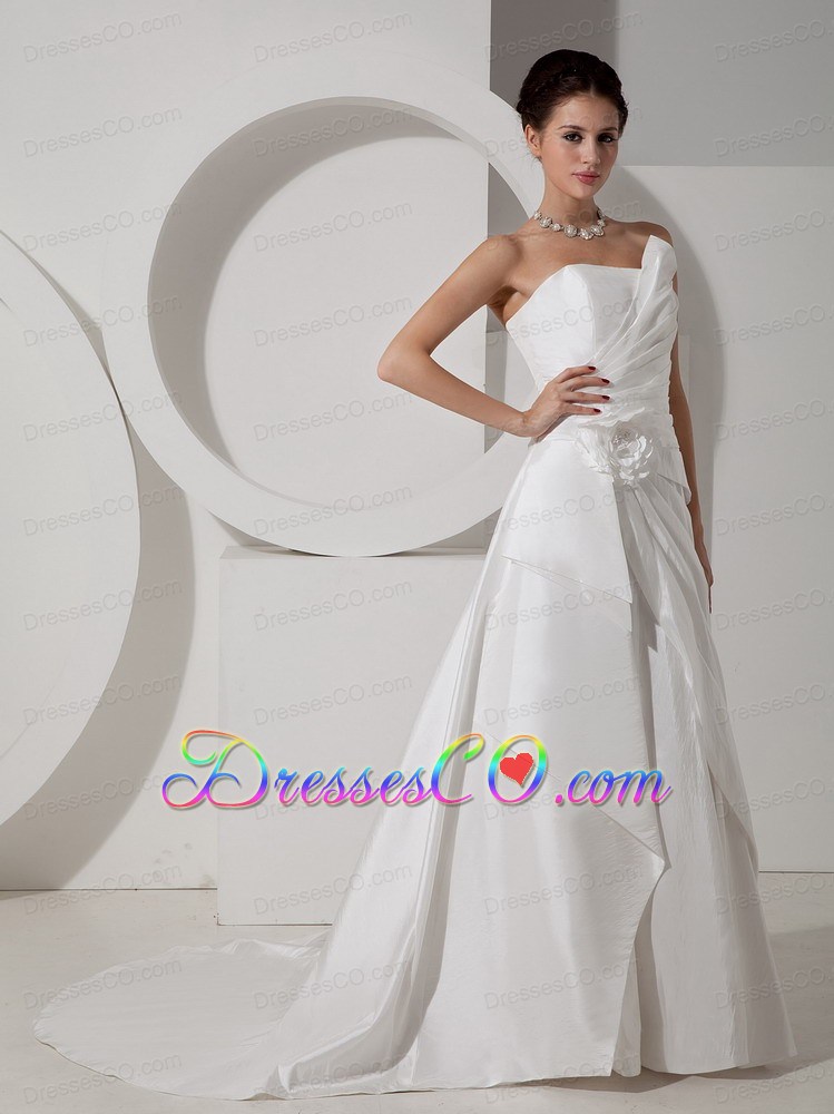 Modest A-line Strapless Court Train Satin Hand Made Flower Wedding Dress