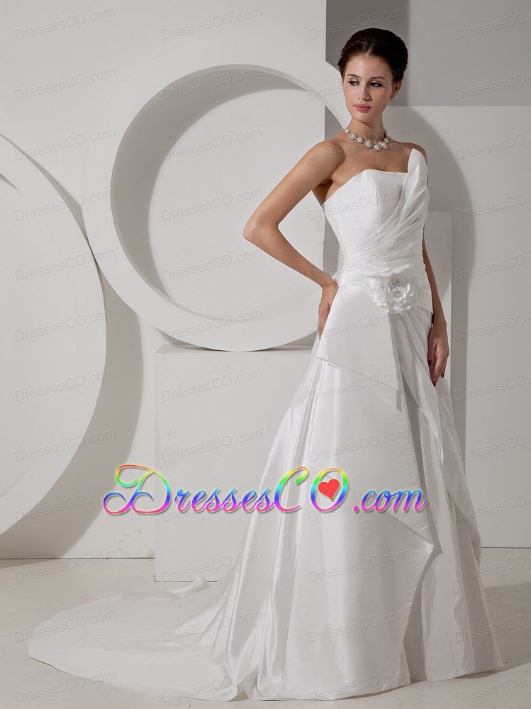 Modest A-line Strapless Court Train Satin Hand Made Flower Wedding Dress