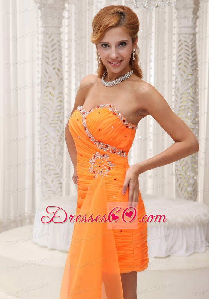 Ruched Bodice Beaded Decorate Neckline Orange Pretty Prom / Cocktail Dress For 2013