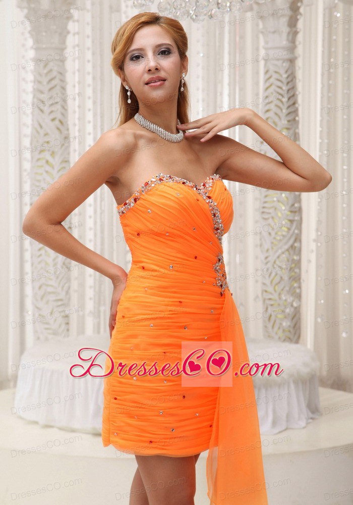 Ruched Bodice Beaded Decorate Neckline Orange Pretty Prom / Cocktail Dress For 2013