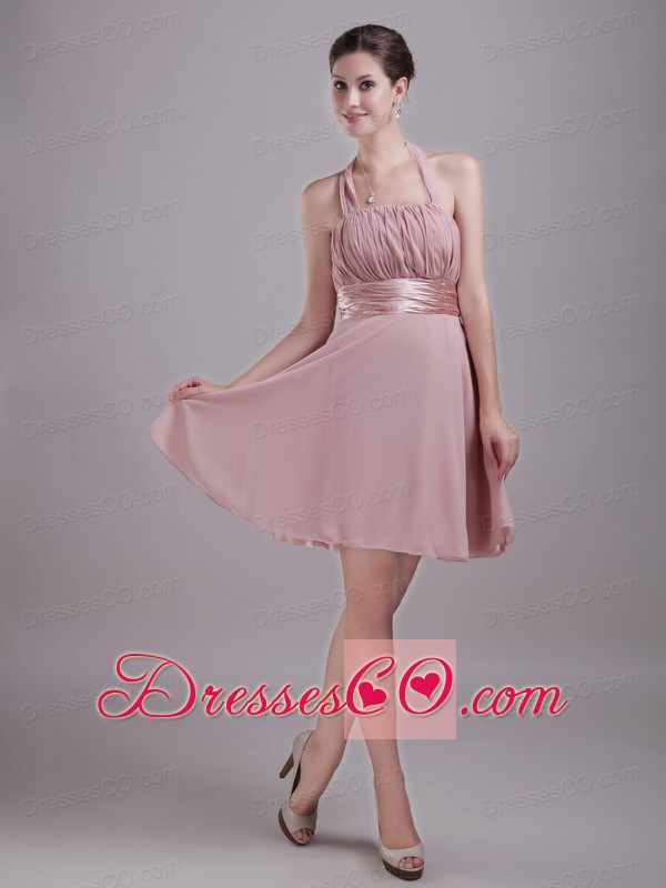 Pink A-line / Princess Halter Mini-length Chiffon Ruching Prom / Homecoming Dress